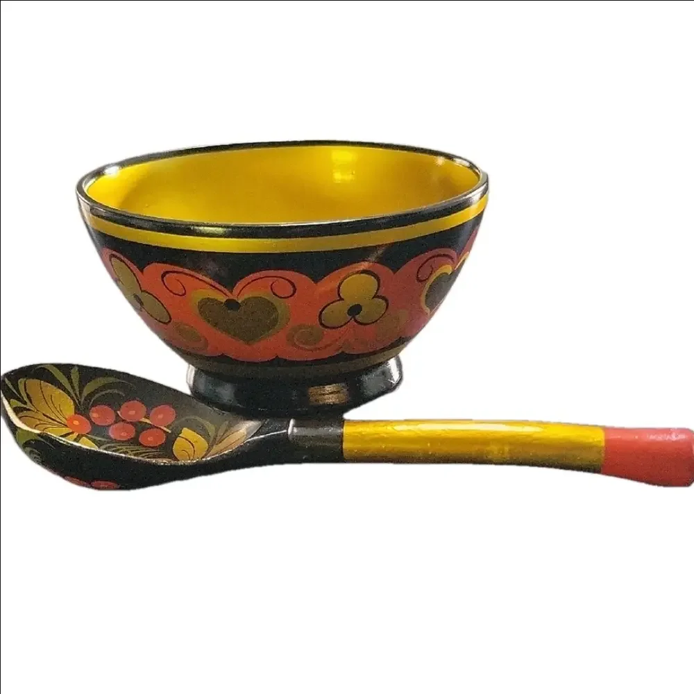 Russian Ukrainian Handcrafted Handpainted Yellow Black Flowers Bowl Spoon Wooden